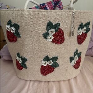 Strawberry Embellished Beige Tote Bag